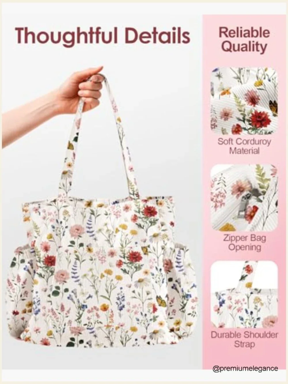 Large Corduroy Tote Bag with Zipper Multi-Pocket Shoulder Bag for School Work